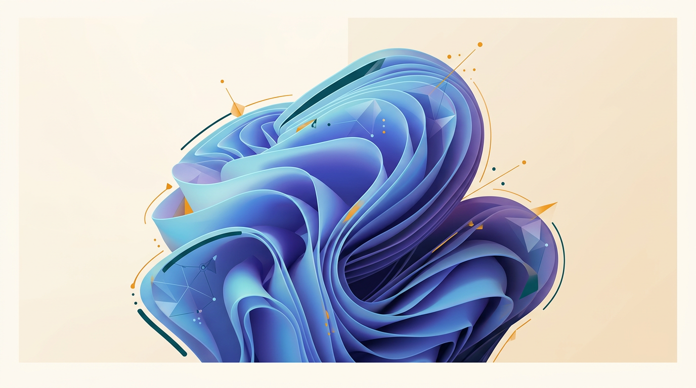 an abstract, flowing composition of blue and purple shapes reminiscent of the Windows 11 bloom wallpaper, with subtle geometric elements, representing creativity and technology