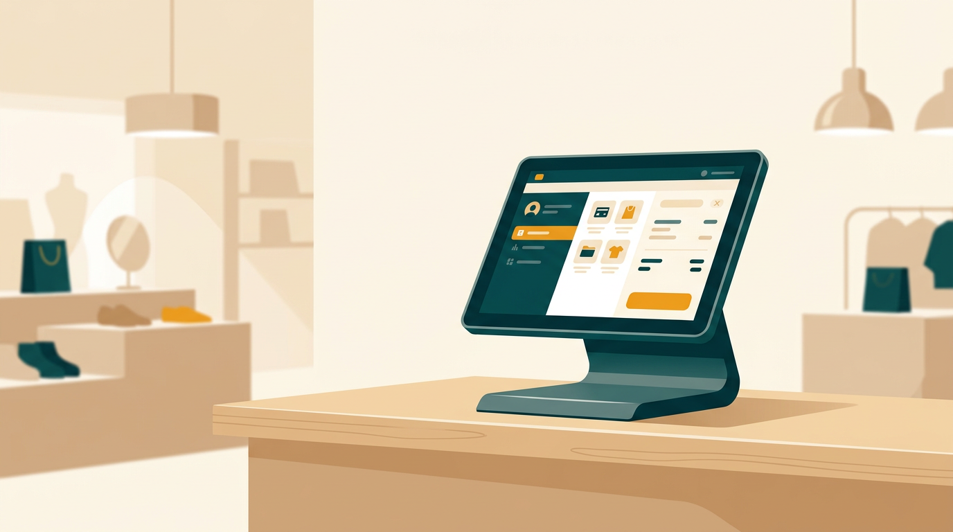a sleek, modern point-of-sale terminal in a minimalist retail store, showing a clean graphical user interface on the screen, soft ambient lighting