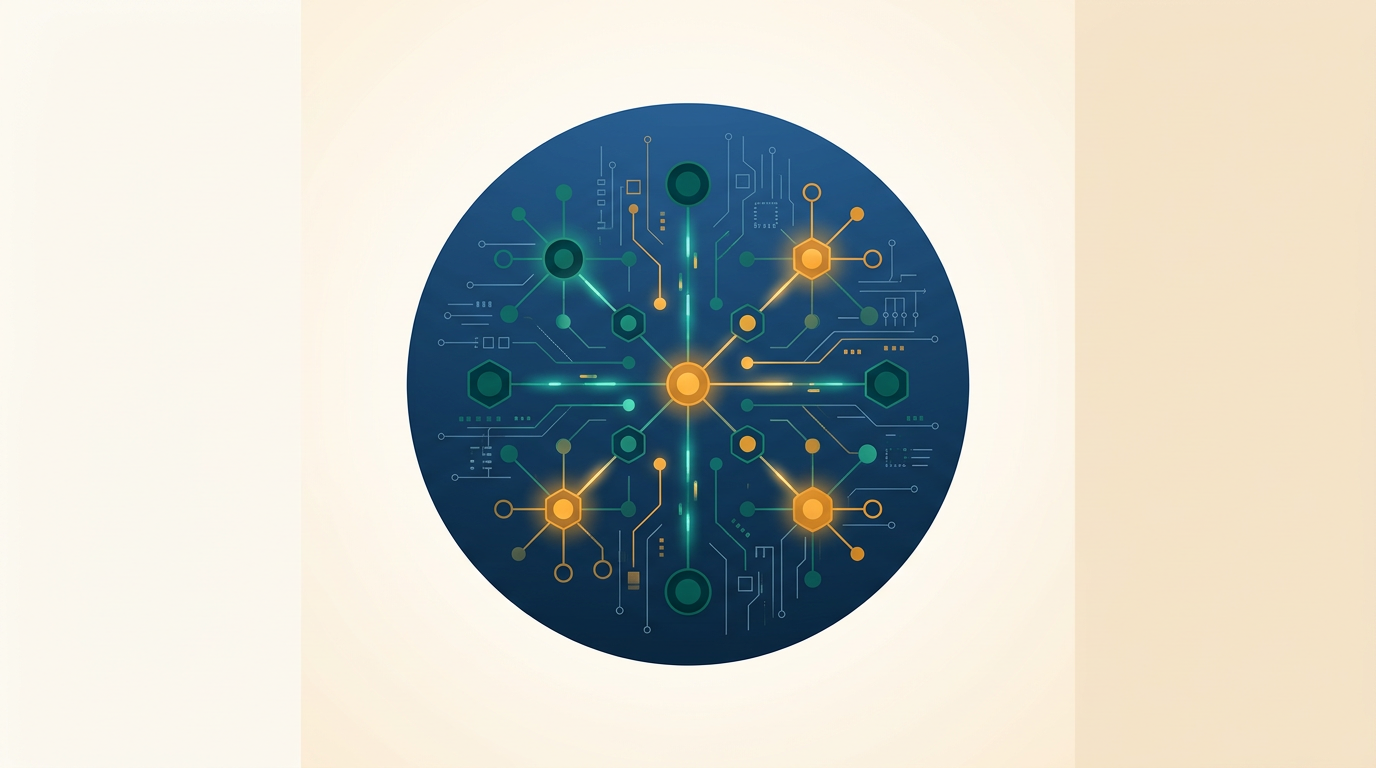 an abstract visualization of interconnected nodes on a dark blue background, representing an IoT network with glowing data streams and digital circuits