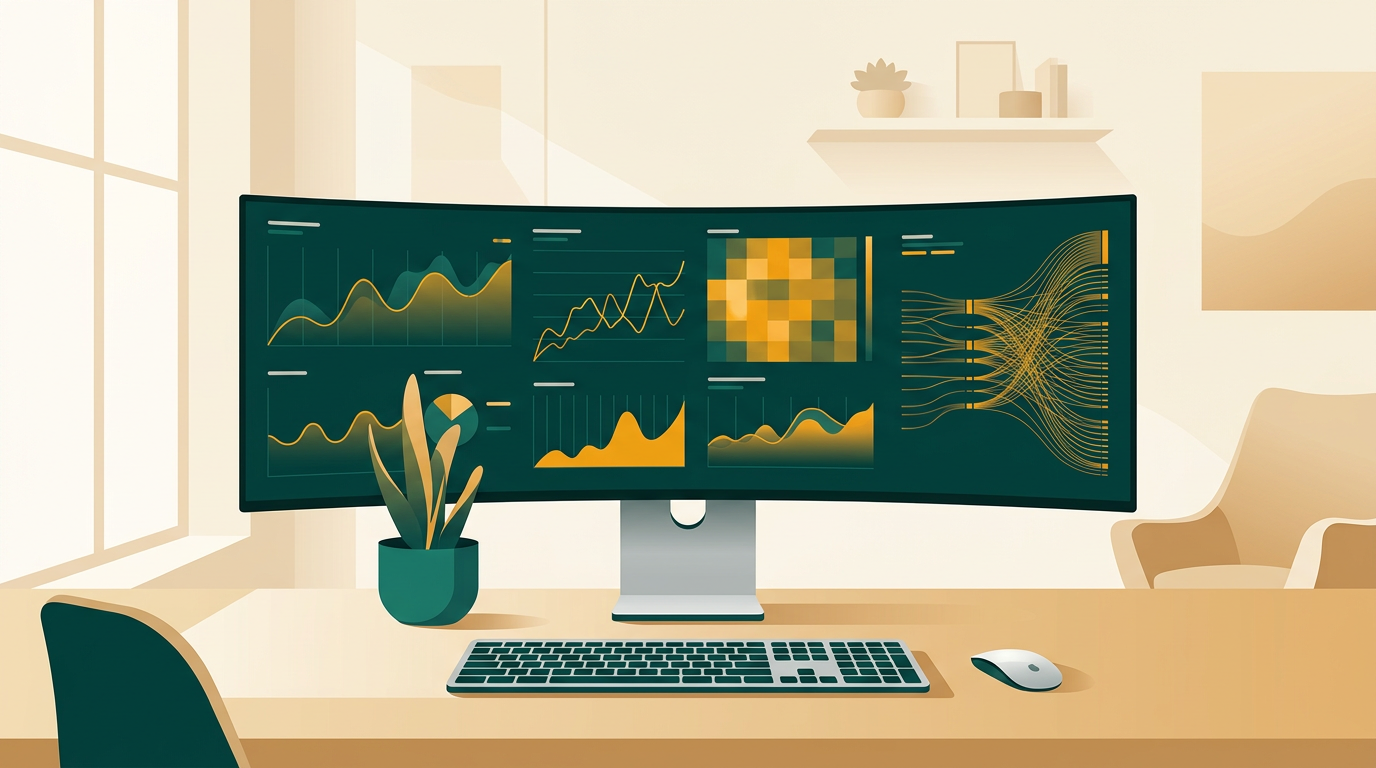 a sleek, powerful desktop computer workstation in a modern, minimalist office, showing complex data visualization on a large ultra-wide monitor