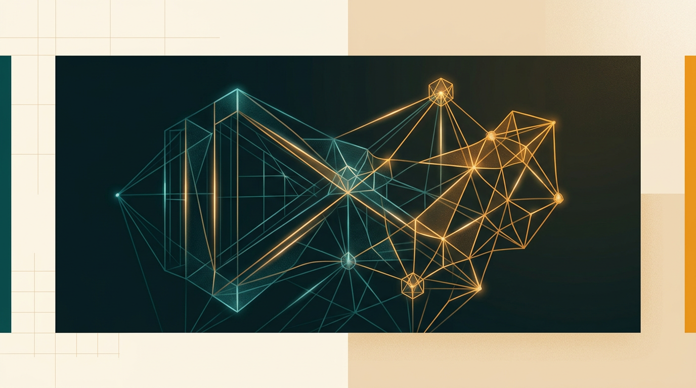 an abstract 3d render of a complex architectural blueprint or a scientific molecular model, glowing lines on a dark background
