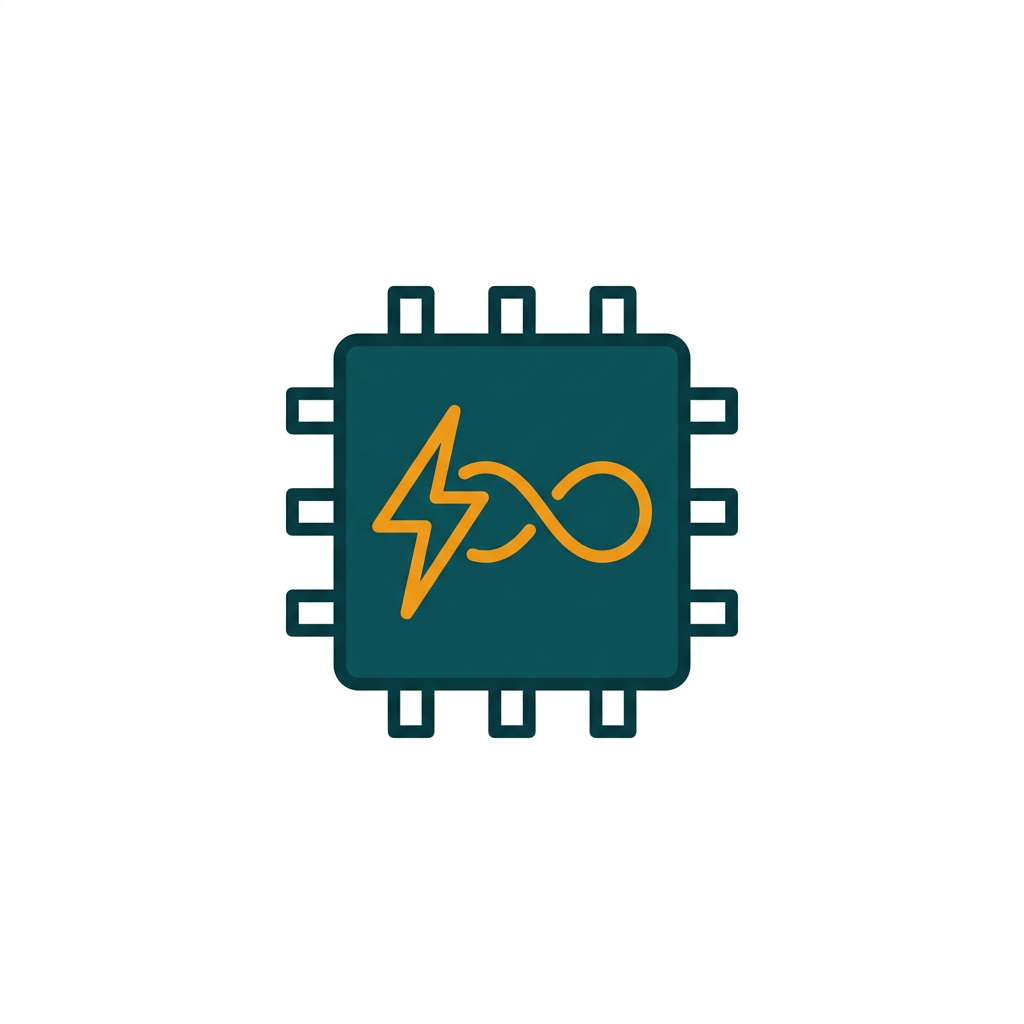 a microchip icon with a lightning bolt and an infinity symbol, minimal line art