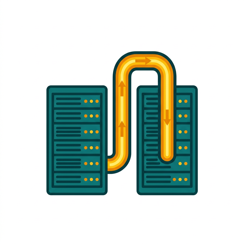 two servers connected by a thick, glowing data pipe, representing high-speed transfer