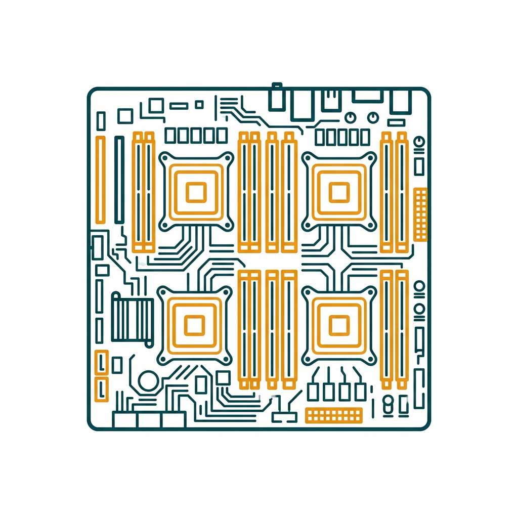 a motherboard schematic with four CPU sockets and multiple RAM slots highlighted