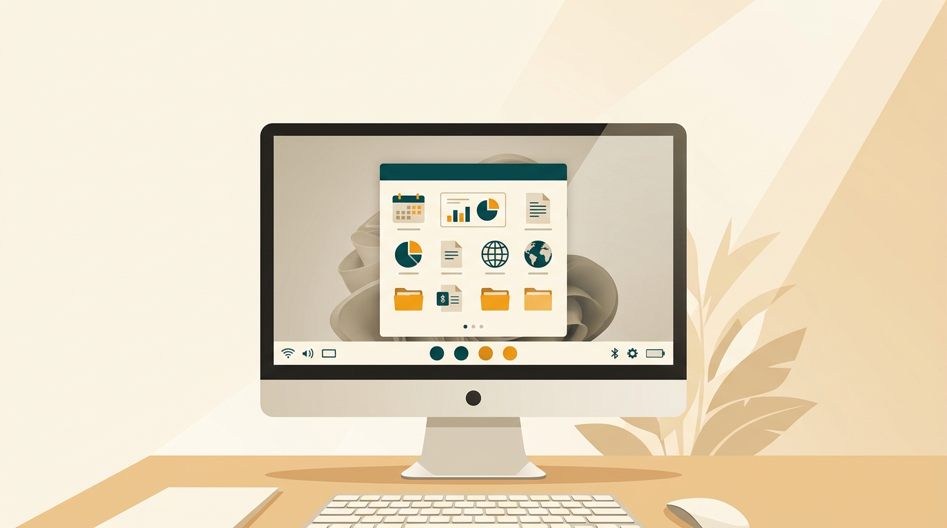 a clean, modern desktop computer screen showing the centered start menu and taskbar of a professional operating system, with productivity app icons, against a soft, abstract background