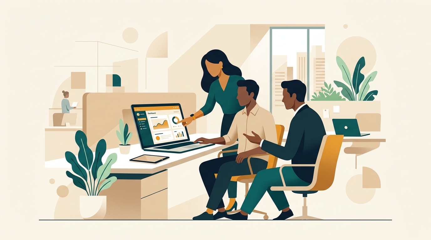 a diverse group of professionals collaborating in a modern open-plan office, with laptops showing the operating system interface, bright and clean editorial style