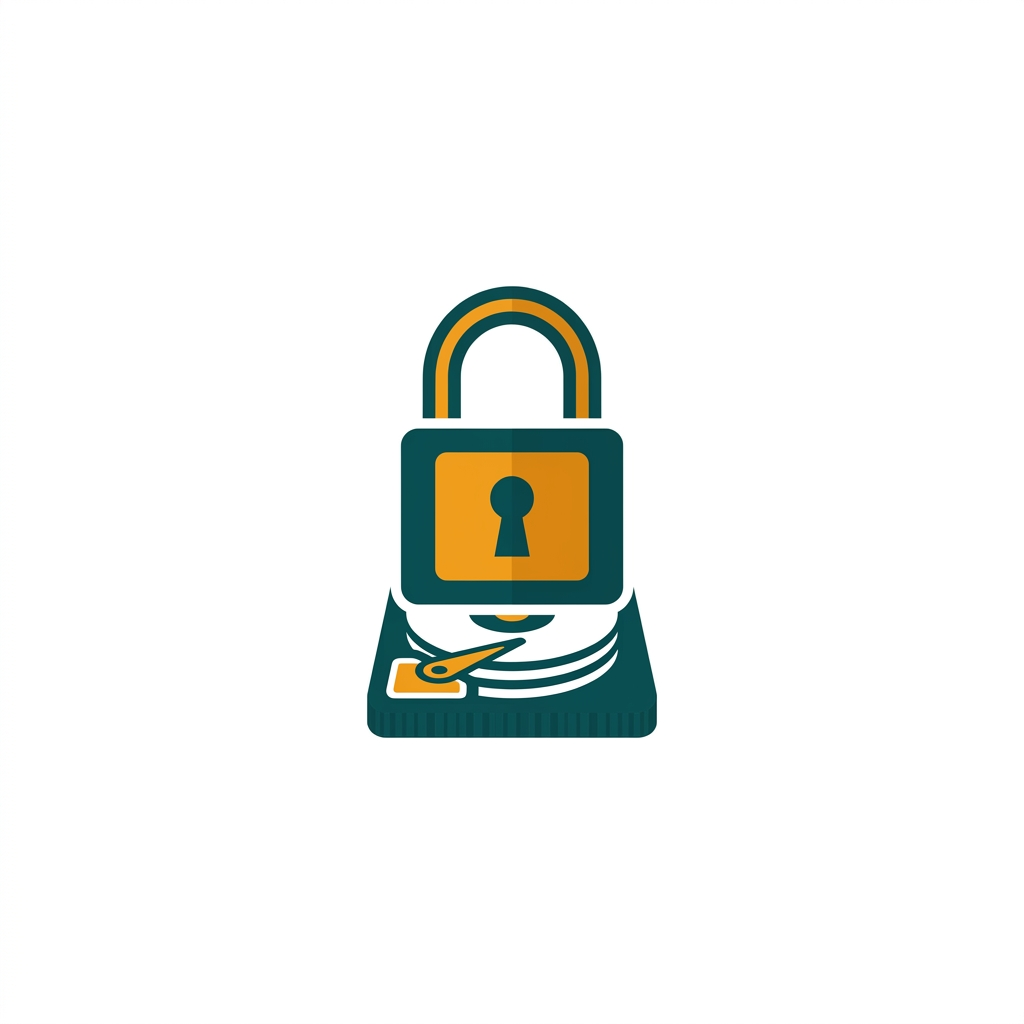 a stylized padlock icon over a hard drive symbol, representing data encryption