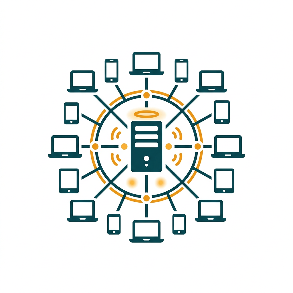 a diagram of a central server connected to multiple user devices, showing domain management