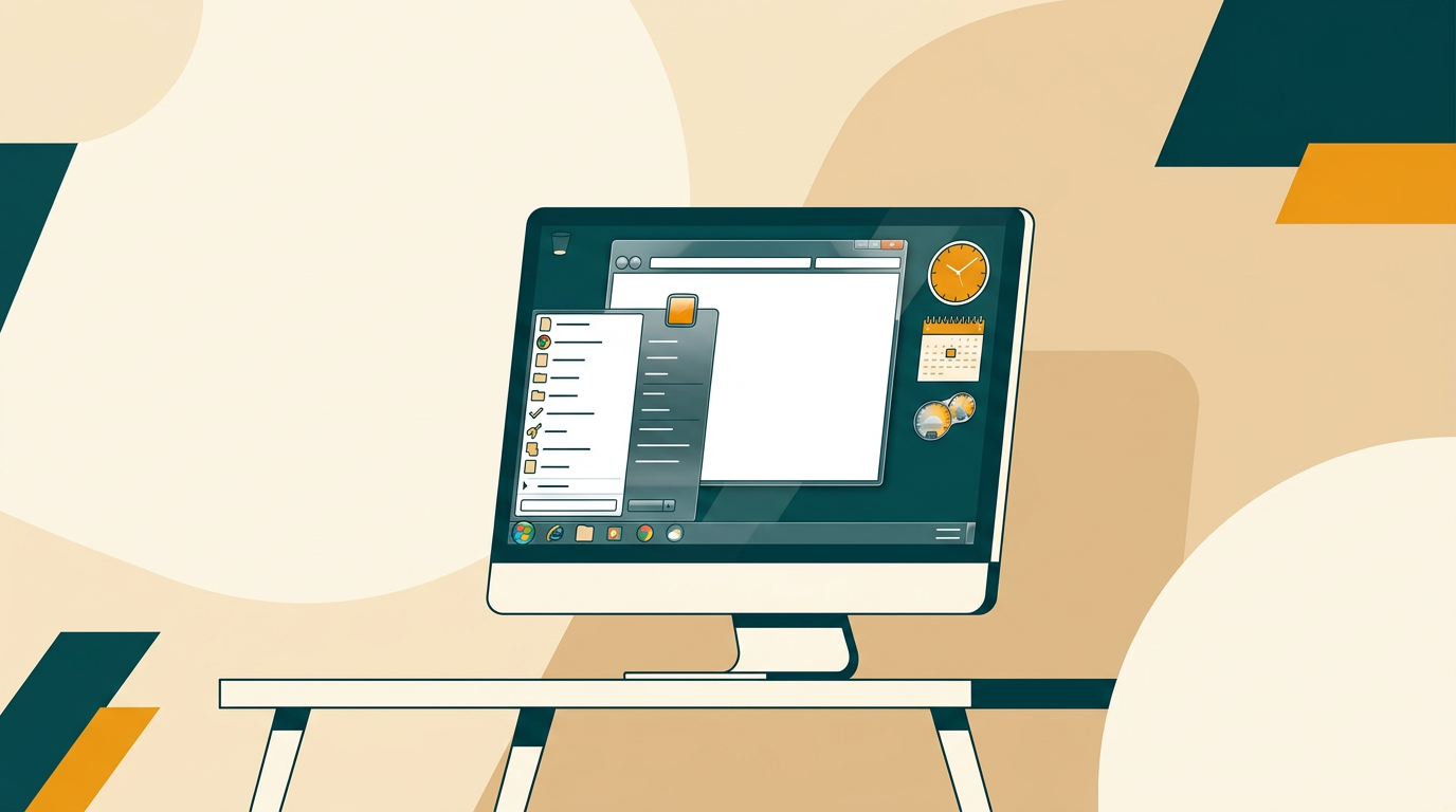 a classic desktop computer screen showing the Windows 7 interface with its iconic start menu, aero glass effects and desktop gadgets, against a neutral, clean background