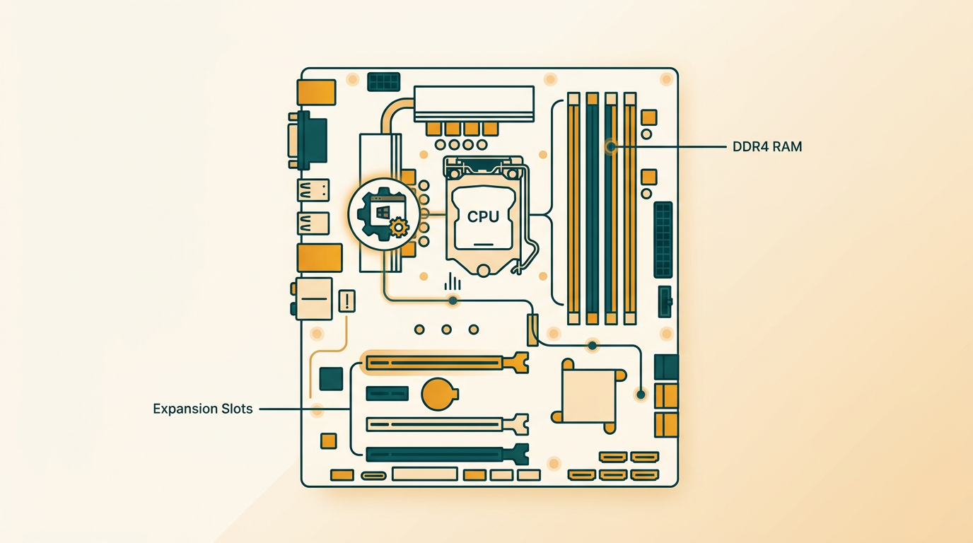 a schematic diagram showing a classic computer motherboard with CPU, RAM slots, and peripheral ports, illustrating hardware compatibility for an operating system, clean vector style