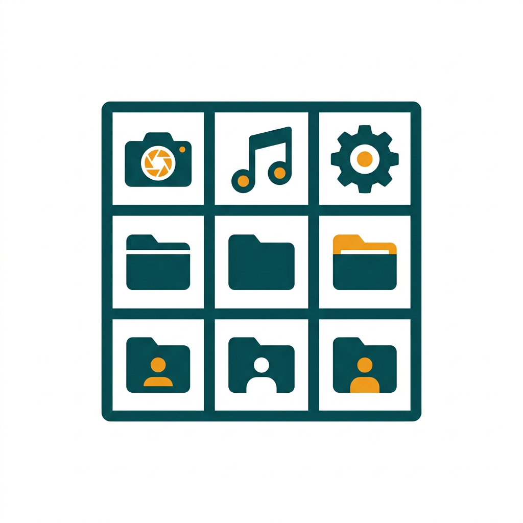 a simple grid of nine squares, representing a media center interface with icons for photos, music, and videos