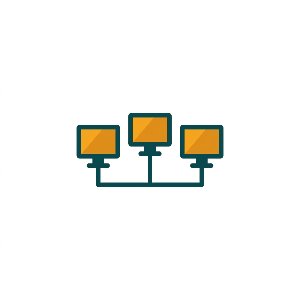 three computer monitors linked together with a simple network line icon