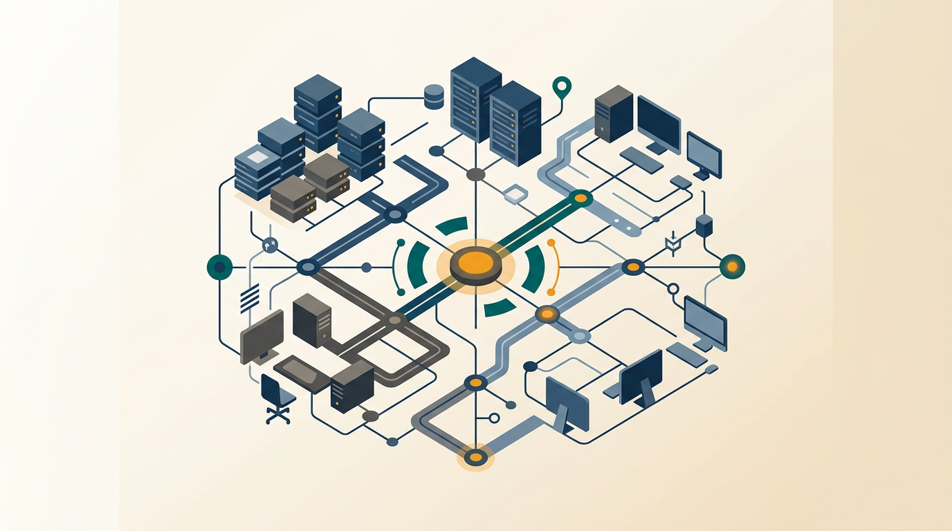an abstract network diagram showing servers and client computers connected, representing a stable business IT infrastructure, blue and grey tones