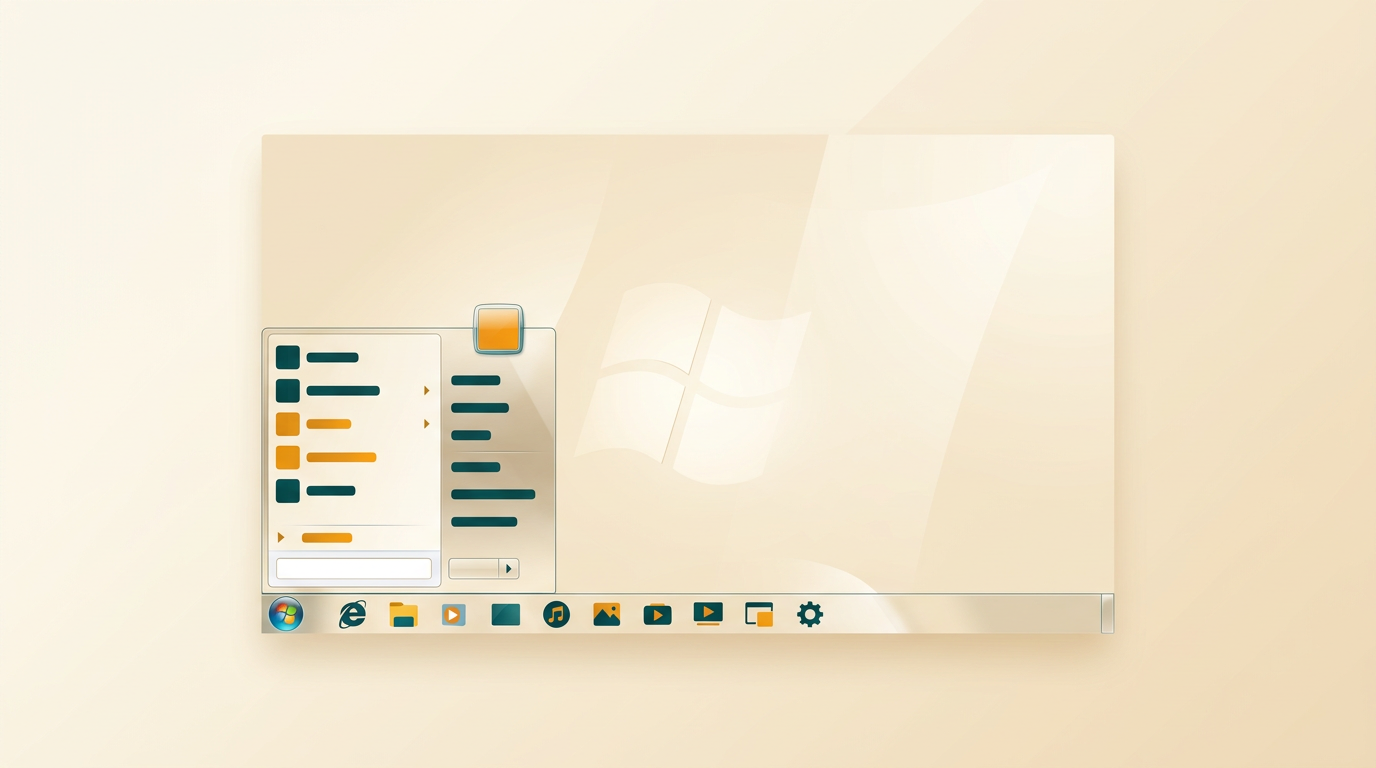 a clean, classic desktop interface of the windows 7 operating system with the iconic aero glass theme, showing the start menu and taskbar icons