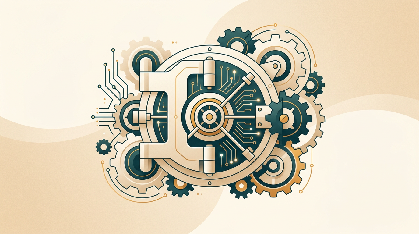 an abstract illustration of a secure digital vault with interlocking gears and circuit board patterns, representing data security and system control
