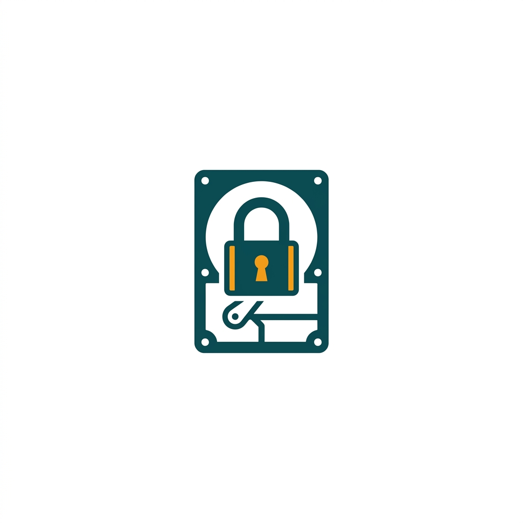 a stylised padlock icon placed on top of a hard drive symbol, representing data encryption