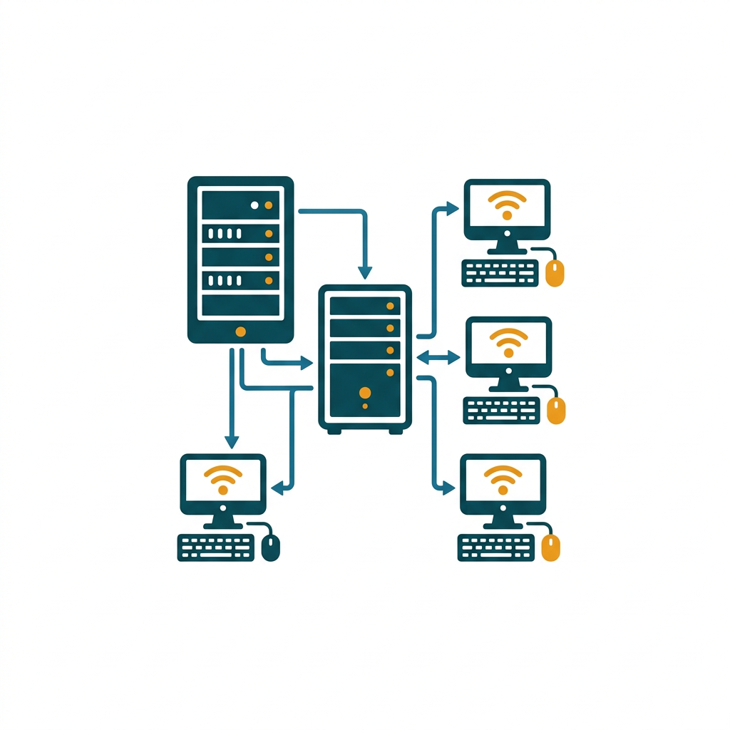 a server rack connected to several desktop computers in a network diagram