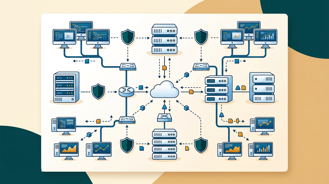 a schematic network diagram showing interconnected servers and workstations in a clean, professional blue and white color scheme, representing IT infrastructure management