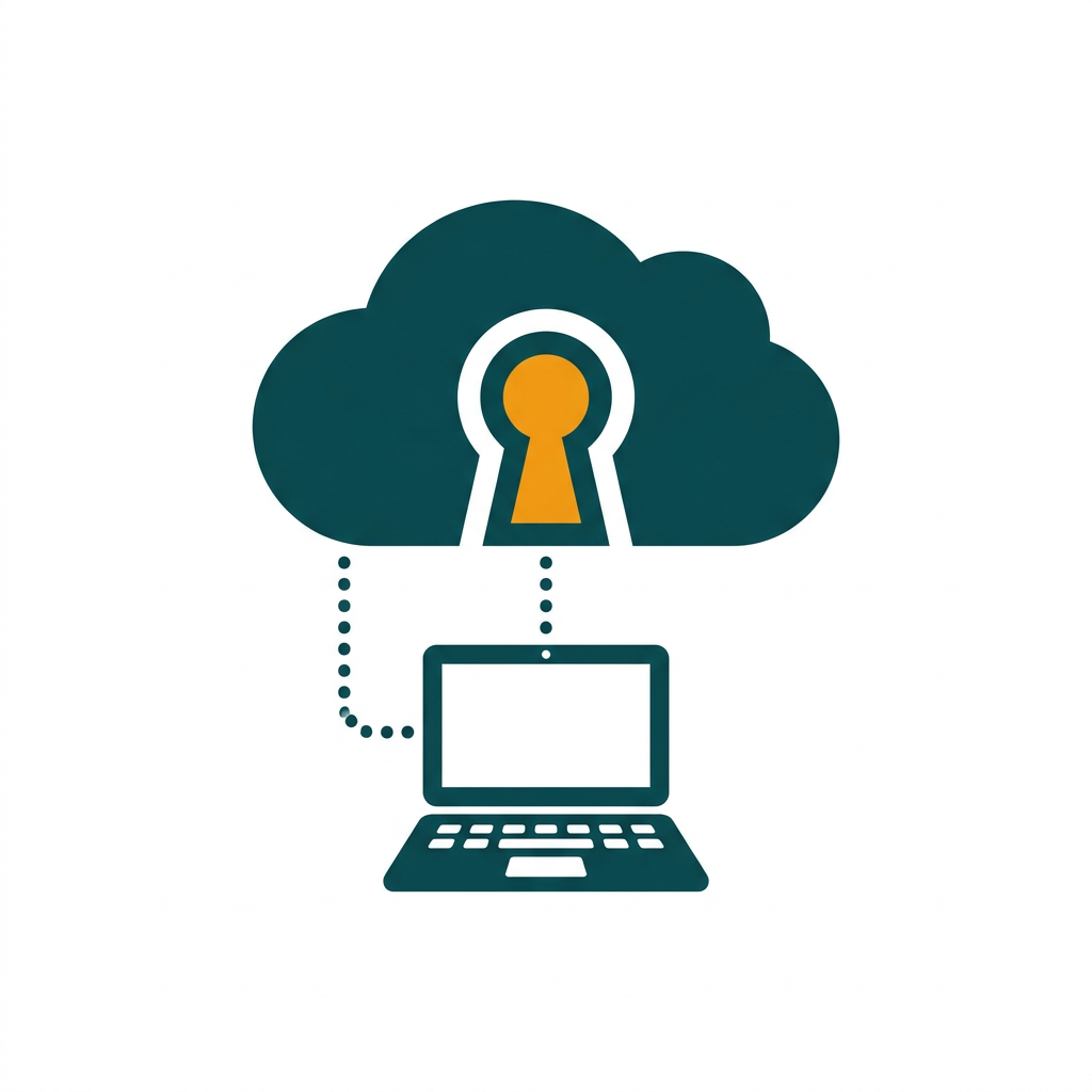 a simplified icon of a keyhole inside a secure network cloud, connected to a laptop