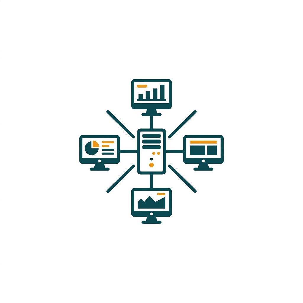 an icon showing multiple computer screens connected to a central server node