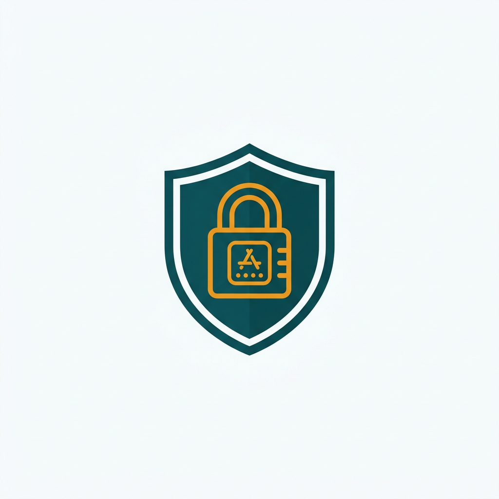 a shield icon with a locked application symbol in the center