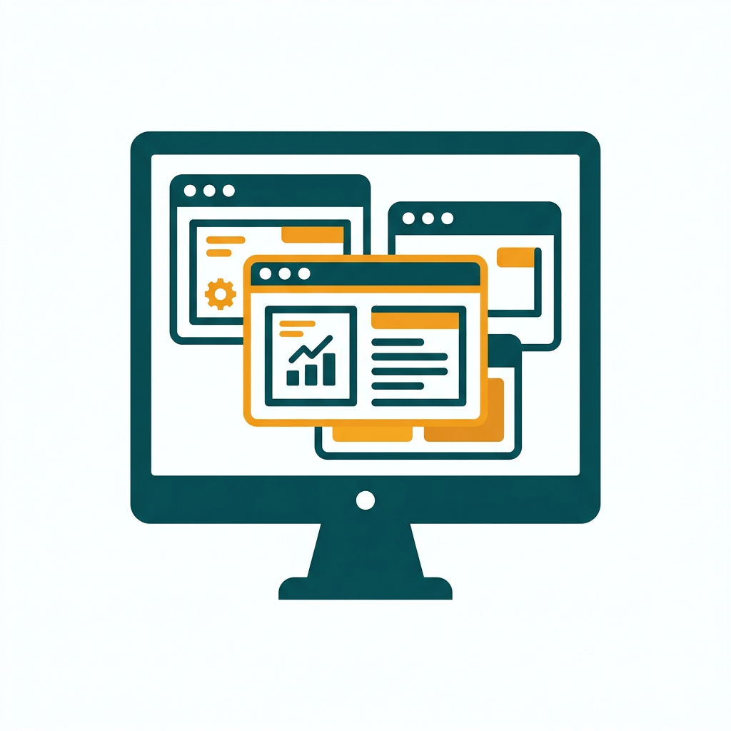 a diagram of a desktop computer screen with multiple virtual windows layered on top
