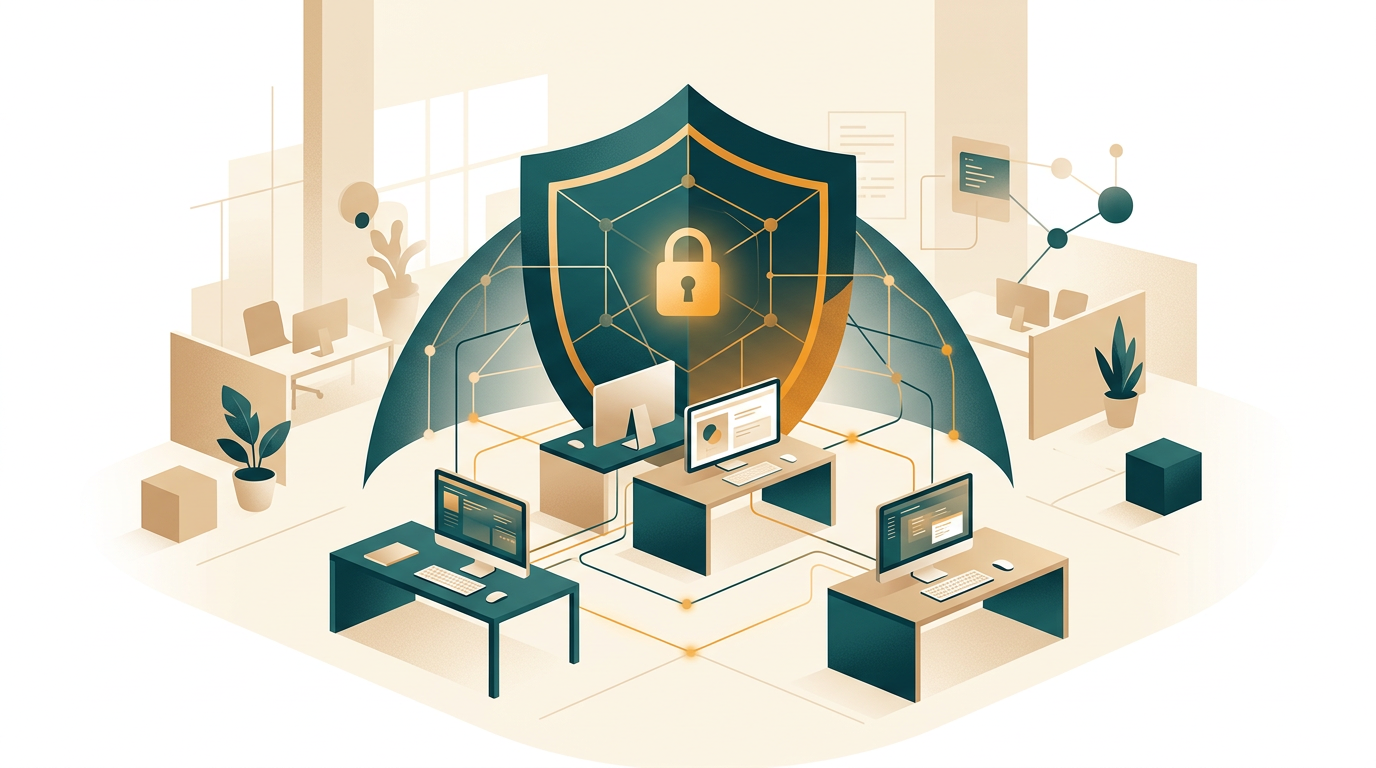 an abstract illustration of a secure network shield protecting multiple connected computer workstations in a professional business environment