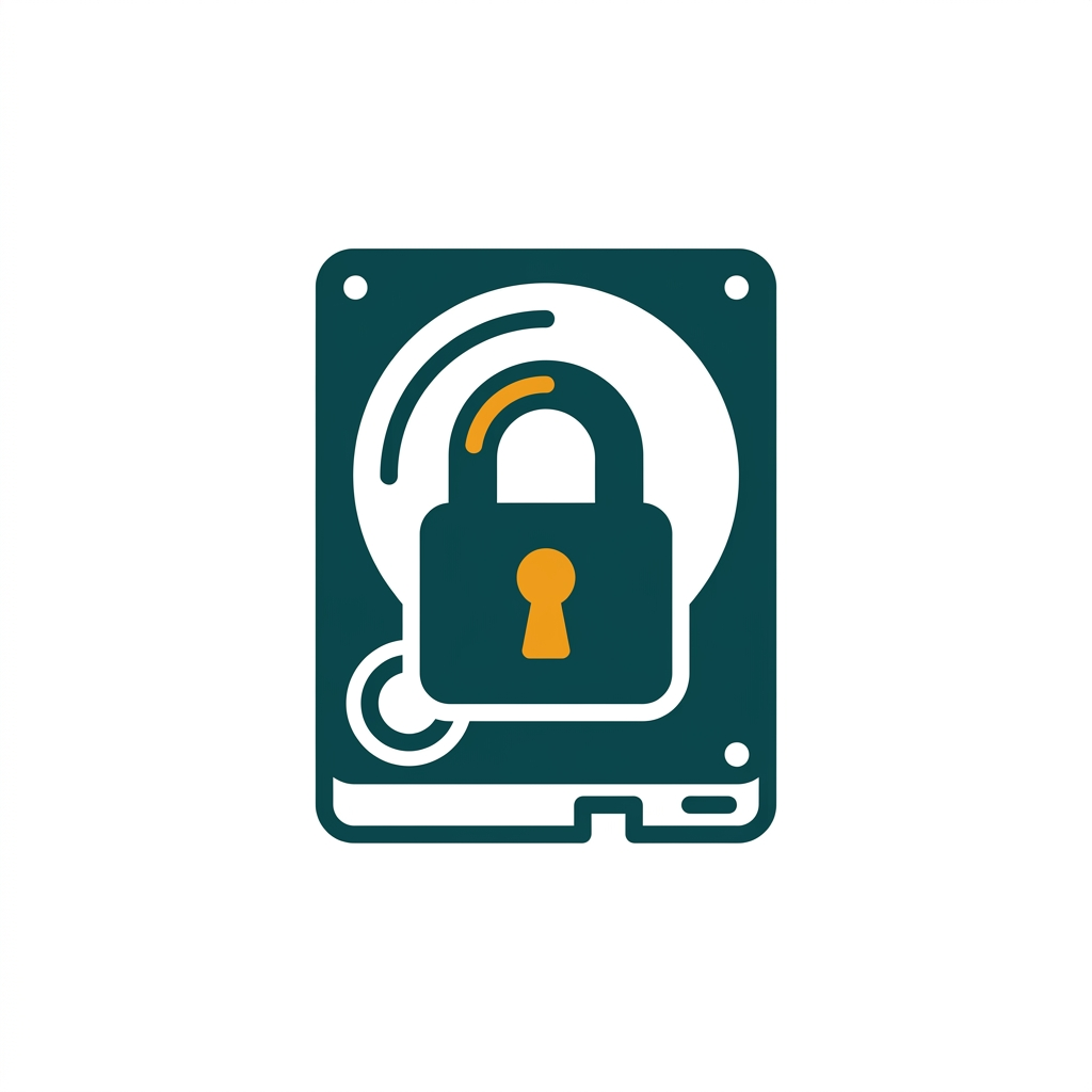 a stylized padlock icon over a hard drive symbol, representing data encryption