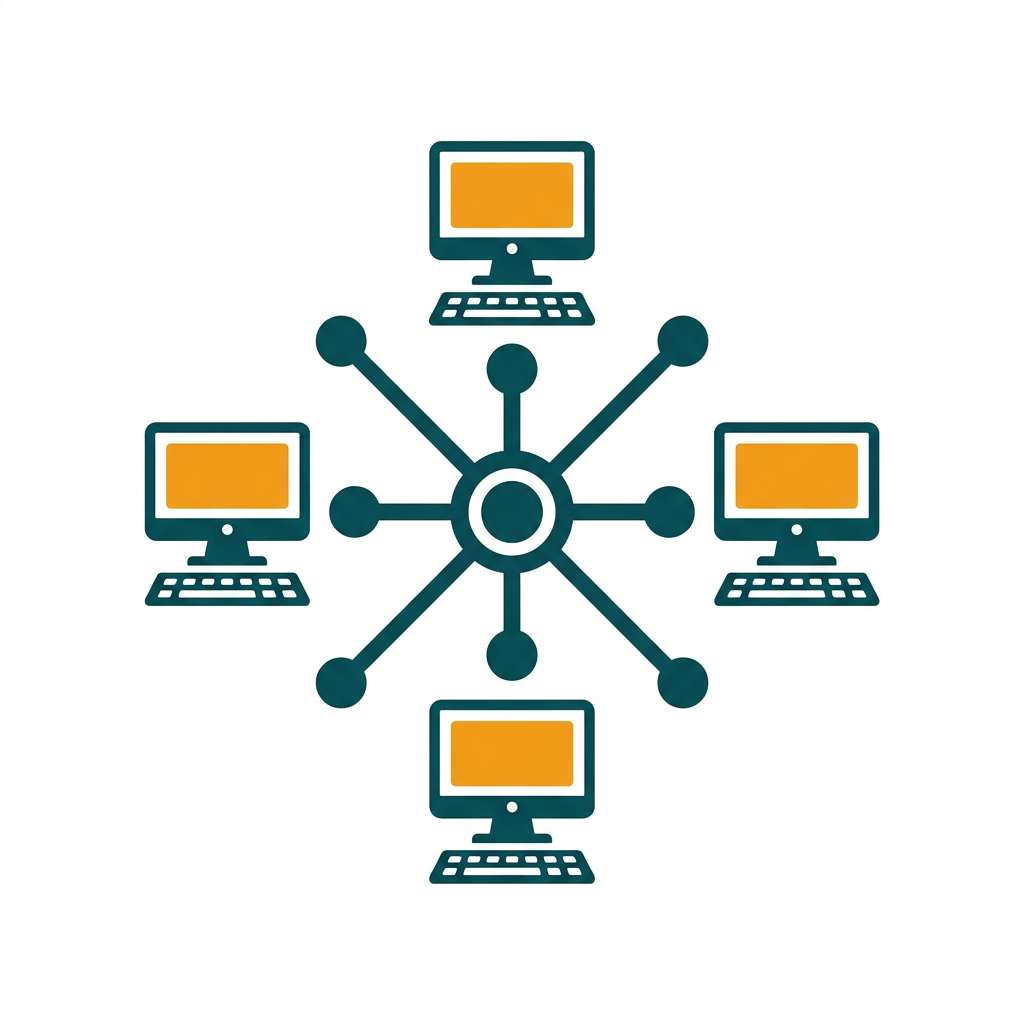 a network icon with several connected computer nodes, symbolizing a corporate network