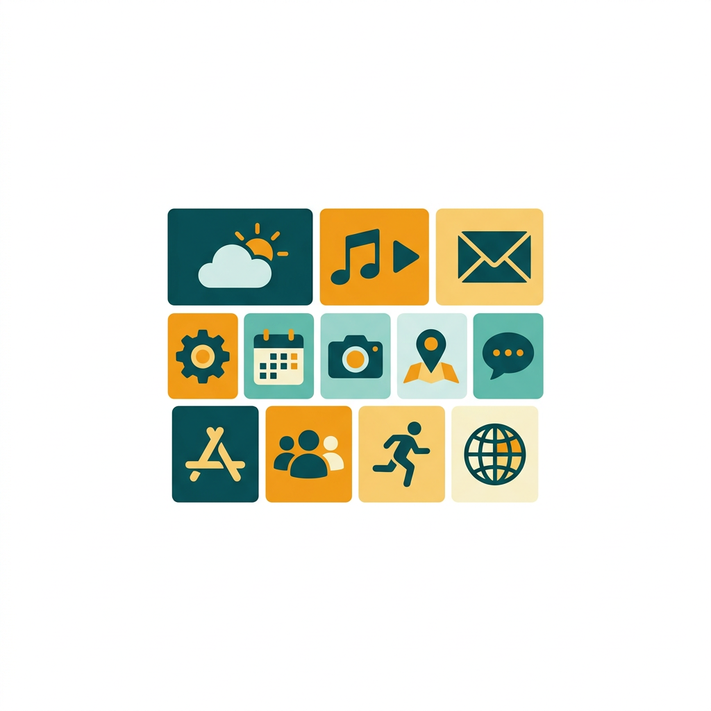 a grid of colorful, flat rectangular tiles of various sizes showing app icons and information
