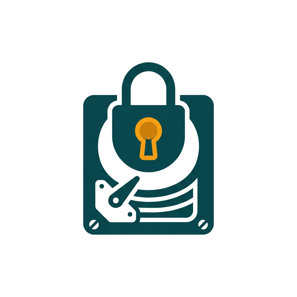 a stylized padlock symbol overlaying a hard drive icon, representing data encryption