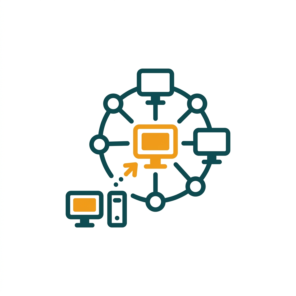 an icon of a computer joining a network of other computers, representing a corporate domain