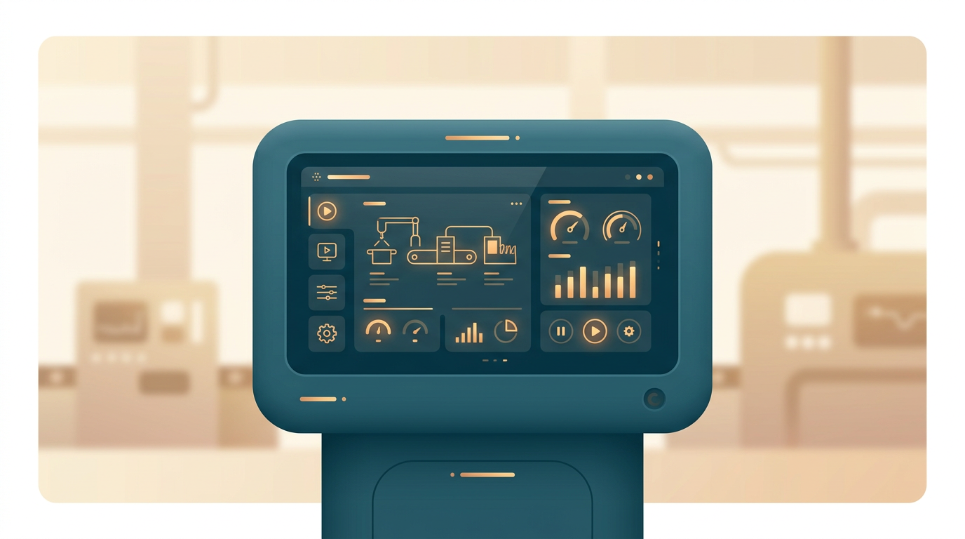 a close-up of a modern industrial control panel with a clean user interface on a touch screen, set against a blurred factory background
