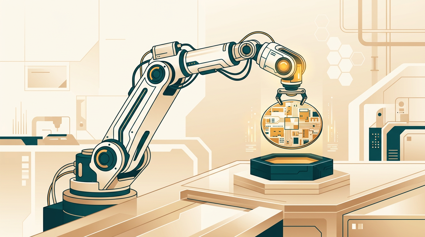 an abstract, clean-room environment with a robotic arm precisely manipulating a silicon wafer, conveying precision and technology