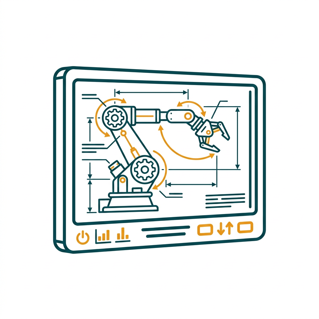 a detailed schematic of an industrial robotic arm on a digital display