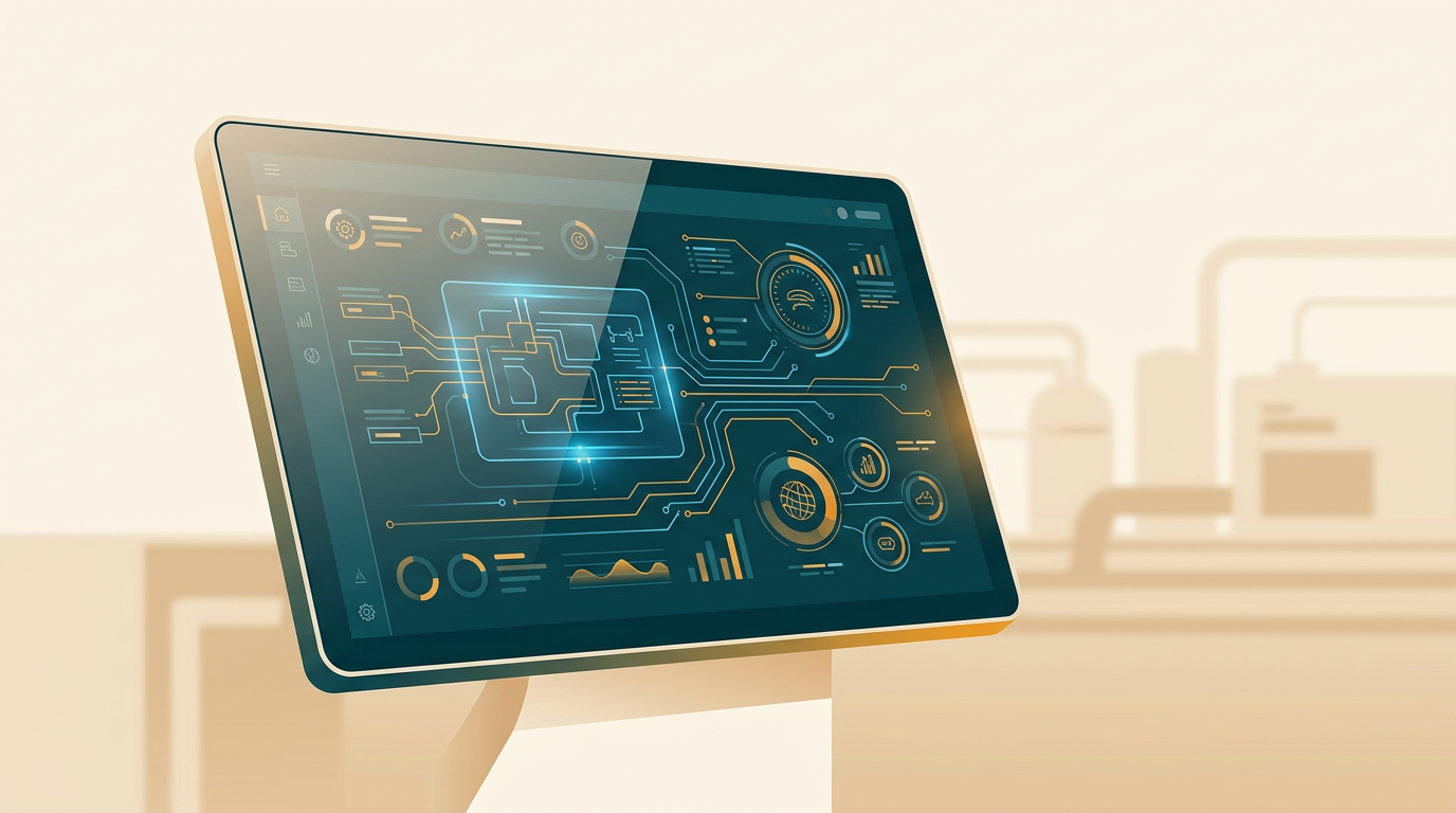 a clean, modern industrial touch-screen interface displaying complex schematics and data points, representing specialized embedded systems and IoT devices