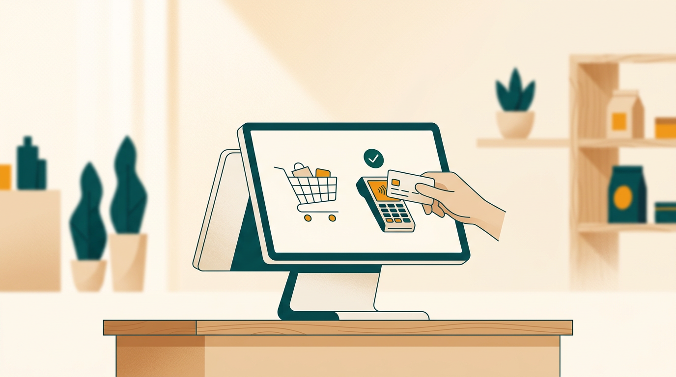 a sleek point-of-sale terminal in a minimalist retail setting, showing a simple transaction screen, illustrating a commercial use case for stable operating systems