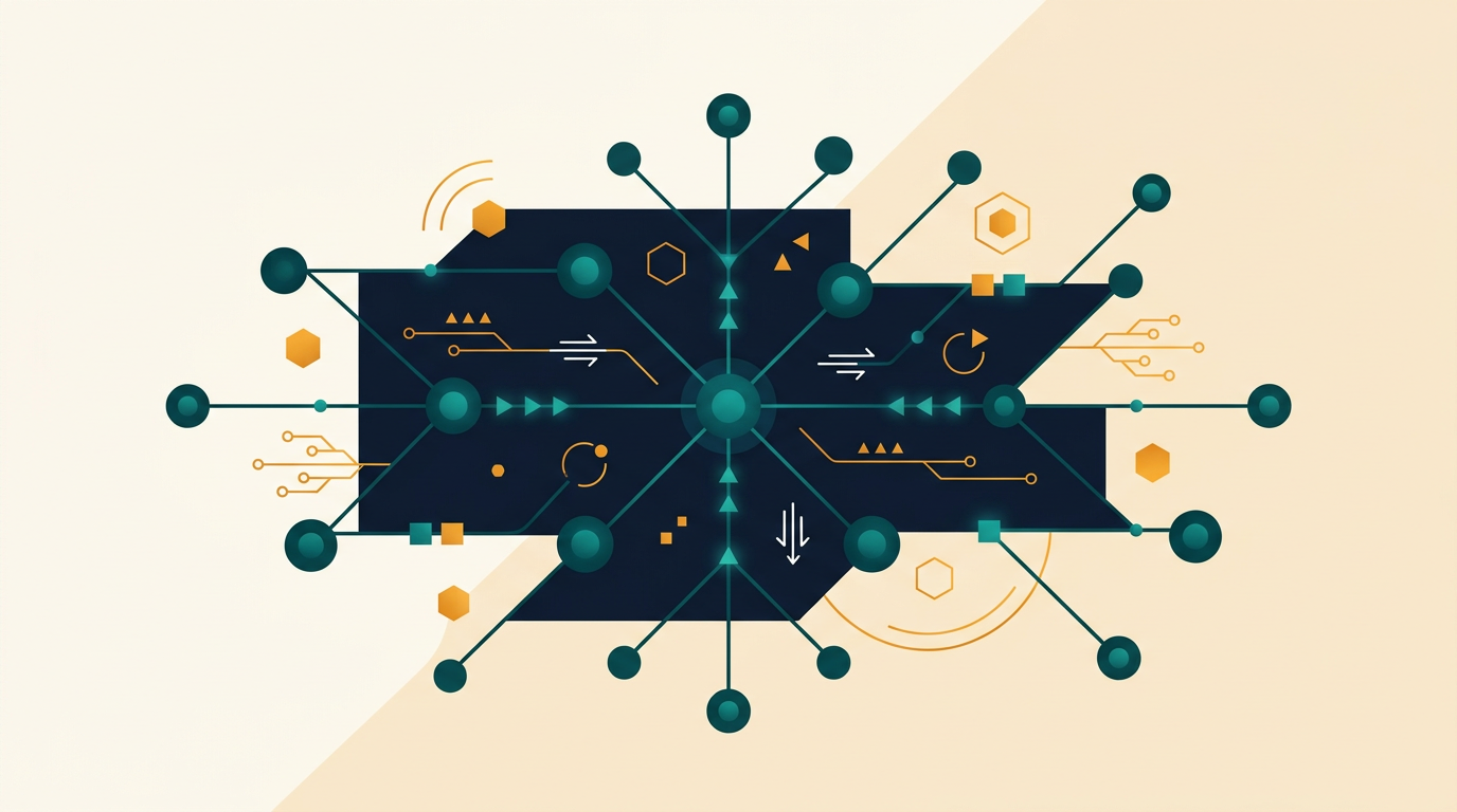 an abstract geometric composition of interconnected data points and nodes on a dark blue background, representing a stable and secure network infrastructure