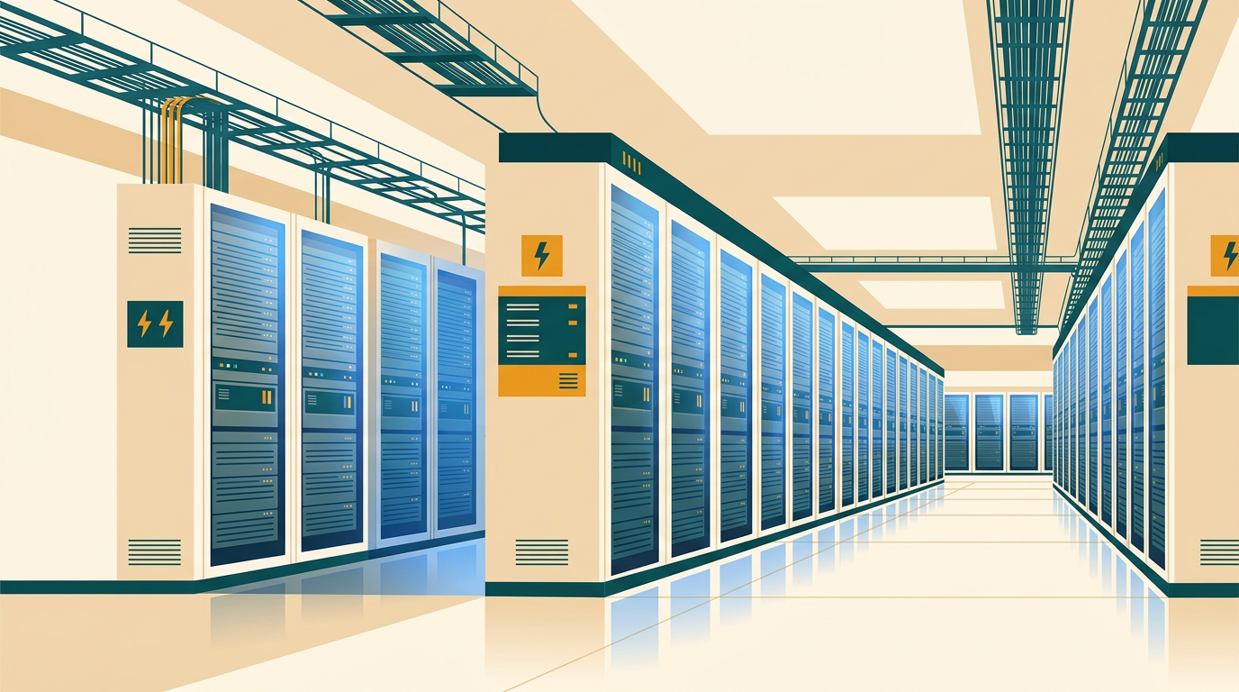 a clean server room with rows of servers, blue ambient lighting, showcasing an environment of high stability and enterprise-level infrastructure