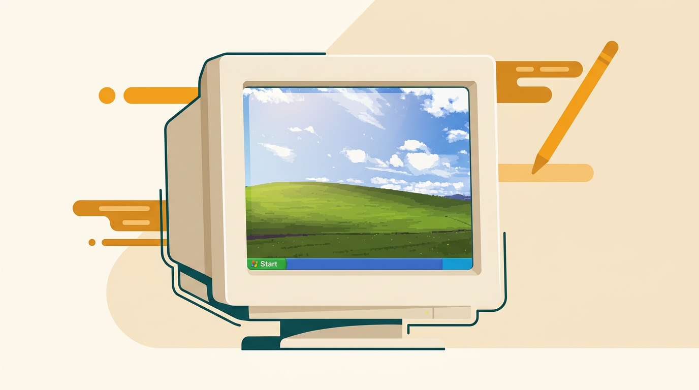 a classic desktop computer screen from the early 2000s showing the iconic green hill and blue sky wallpaper, with a start menu button visible