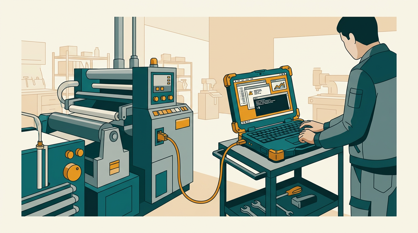 a technician in a workshop using a rugged laptop connected to a piece of industrial machinery, the laptop screen showing a legacy software interface