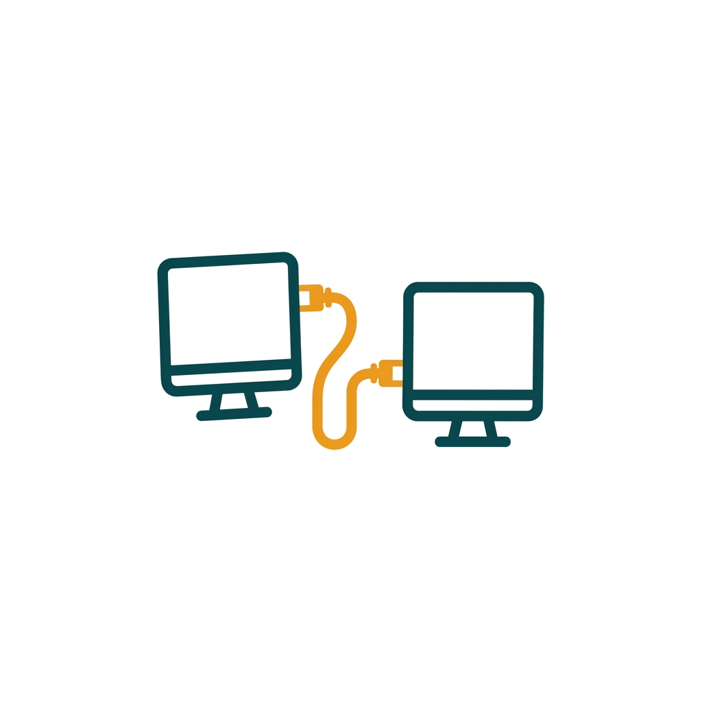 two computer monitors connected by a network cable, simple line art